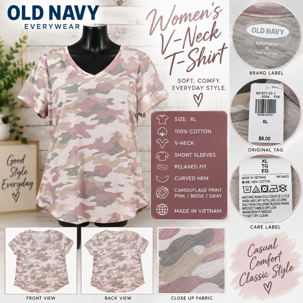 Old Navy EveryWear Pink Camo V-Neck T-Shirt XL Relaxed Fit Cotton 607617-23-1